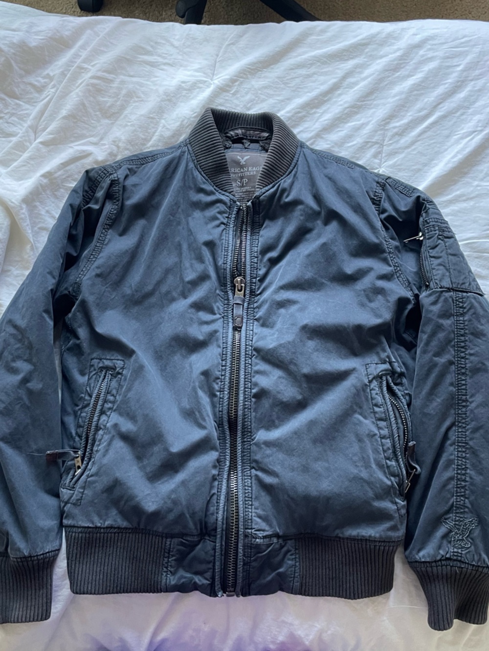 Vintage American Eagle Faux Fur Lined Navy Bomber Jacket